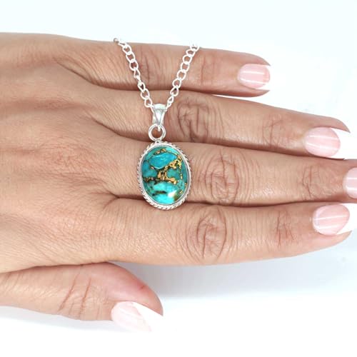 Chunky Natural Gemstone Pendant Necklace For Women Onyx, Turquoise, Amber, Garnet Oval Boho Genuine 925 Sterling Silver Handmade Jewelry - color: Copper Blue Turquoise