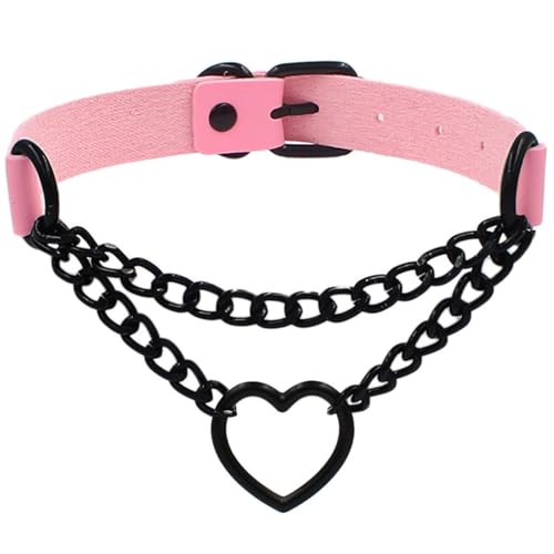 Love Heart Choker Collar Necklace, Adjustable Leather Punk PU Necklace Goth Choker Soft Collar Chain for Women - color: Pink