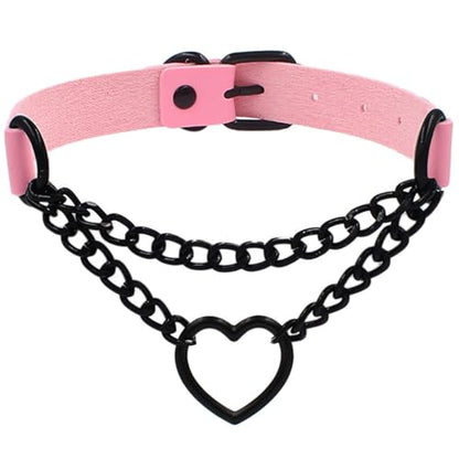 Love Heart Choker Collar Necklace, Adjustable Leather Punk PU Necklace Goth Choker Soft Collar Chain for Women - color: Pink