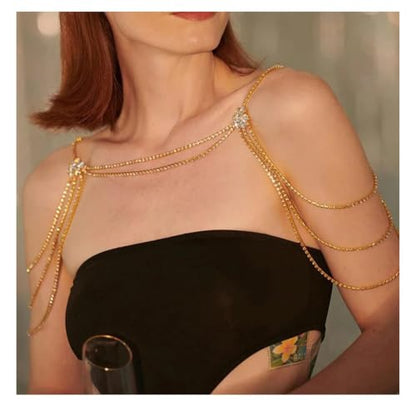 Rhinestone Tassel Wedding Backdrop Chain - Crystal Flower Shoulder Chain Necklace - Bridal Multi-Layered Body Chain Jewelry for Women - color: Gold