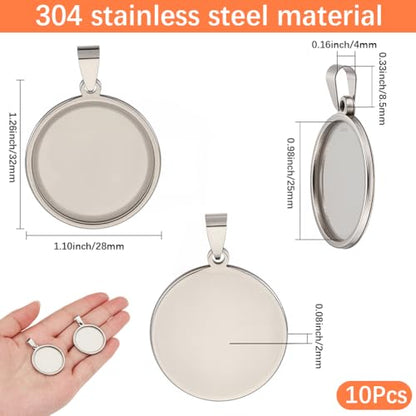 1 Box 10Pcs 25mm Bezel Tray Stainless Steel Cabochon Blanks Silver Metal Flat Round Cameo Pendant Base Blank Trays Charm Setting for Photo Jewelry Making Earrings Necklace DIY Craft Findings - style: silver round