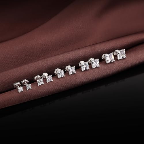 925 Sterling Silver Cubic Zirconia Stud Earrings for Women/Men Hypoallergenic Stud Earrings 4MM-8MM - style: D: Square Stud-Silver