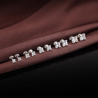 925 Sterling Silver Cubic Zirconia Stud Earrings for Women/Men Hypoallergenic Stud Earrings 4MM-8MM - style: D: Square Stud-Silver