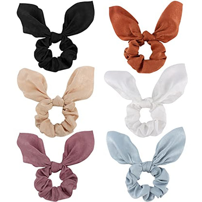 Silk Bunny Ear Hair Ties - Cute Satin Scrunchies with Bows for Girls and Women, Jaciya Hair Accessories Elastic Ropes Ponytail Holders | 6 Pack Bow Hair Scrunchy Bands Elastic Satin Hair Ties with Bow Gentle Accessories for Sleep Work Everyday Hairstyling