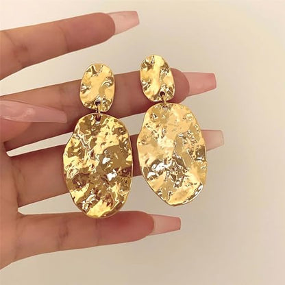 Large Geometric Drop Dangle Earrings for Women Pearl Teardrop Disc Rectangle Oval Fishtail Shell Shaped Textured Dangle Studs Earrings for Women - color: Gold-Oval