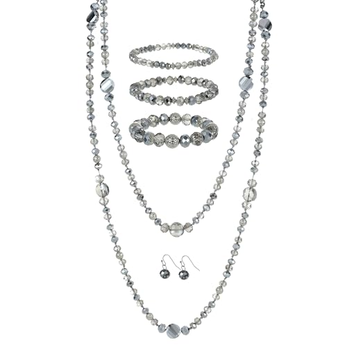 Trendy Infinity Wrap 60’’ Long Statement Necklace, Earrings and Bracelet Set - Hand Knotted Versatile Crystal and Shell Beads Strand Necklace and Chunky Beaded Stretch Bracelet Stack – Jewelry Set Gift for Women - color: Sparkly and Crystal Silver