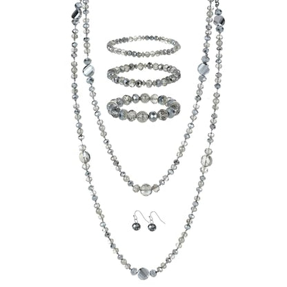 Trendy Infinity Wrap 60’’ Long Statement Necklace, Earrings and Bracelet Set - Hand Knotted Versatile Crystal and Shell Beads Strand Necklace and Chunky Beaded Stretch Bracelet Stack – Jewelry Set Gift for Women - color: Sparkly and Crystal Silver