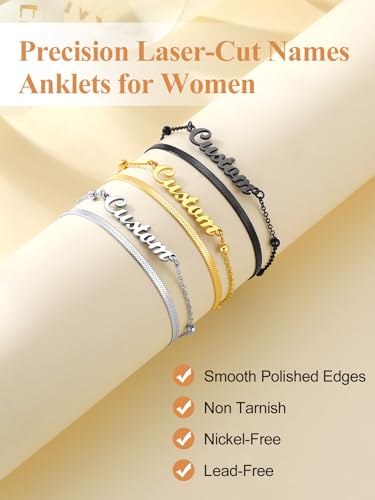 Custom4U Custom Name Anklet Bracelets for Women Waterproof Beaded/Figaro/Cuban/Rope/Wheat Chain Anklet Stackable Gold Plated Non Tarnish Custom Beach Gift Barefoot Summer Jewelry for Her - color: F01-Gold Herringbone Chain