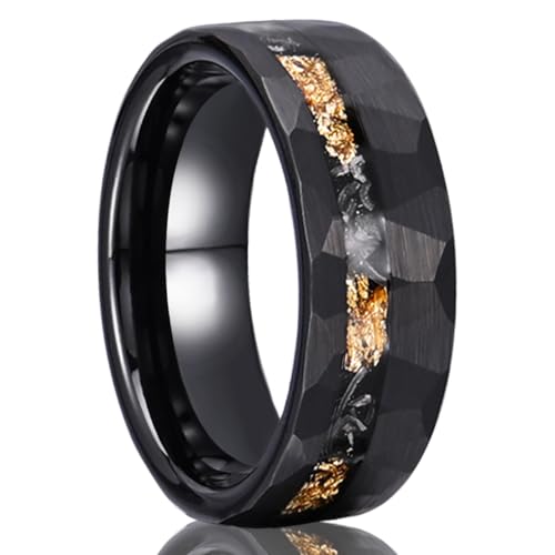 Black/gold Tungsten Carbide Rings for Men Men's Wedding band | 8mm Hammered Engagement rings Matte Brushed inlaid Gold Foil Meteorite Fragments Fashion and Comfortable fit - color: 8mm black