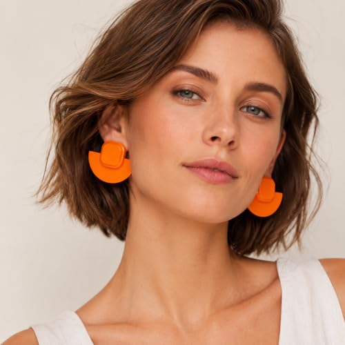 Orange Acrylic Earrings Geometric Semicircle Square Statement Studs, Lightweight Glossy Resin Jewelry for Women Party Vacation Outfits