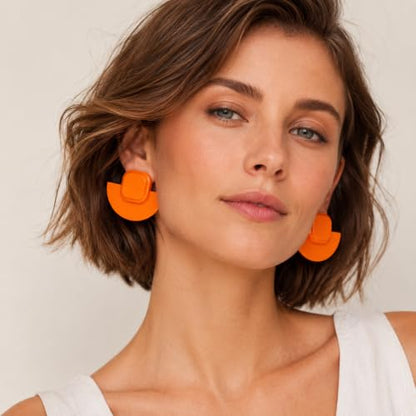 Orange Acrylic Earrings Geometric Semicircle Square Statement Studs, Lightweight Glossy Resin Jewelry for Women Party Vacation Outfits