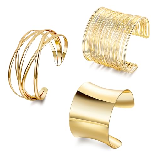 3Pcs Chunky Gold Cuff Bracelets Open Wide Bangle Bracelets Set for Women Minimalist Irregular Bracelet Statement Wrist Cuff Wrap Bracelet Jewelry - style: styleB gold