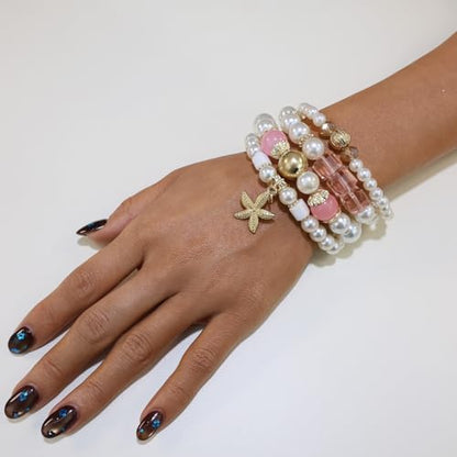 Bohemian Pearl Bracelet Set, 4 Piece Elastic Stretch Beaded Wrist Chain with Starfish Pendant, Boho Faux Pearl Multi-Color Stackable Bracelets for Women - color: Pink