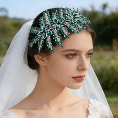 Teyglen Large Full Rhinestone Headband Flower Crystal Bride Wedding Headband Hair Vine Bridal Rhinestone Headpiece Wedding Hair Accessories for Women Party Prom (Green) - color: Green