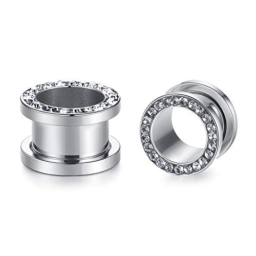 WBRWP 2pcs Hollow Gold Stainless Steel with Zircon Ear Plugs Tunnels - Ear Expander - Ear Gauges Stretcher Body Piercing Jewelry 8g-5/8 - color: Silver color with clear CZ