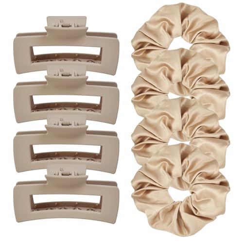 8Pack Hair Clips and Scrunchies Set - 4 Medium Claw Clips for Women, Non-Slip Matte Hair Claws, 4 Large Satin Scrunchies, Hair Accessories Set for Thick Thin Hair, Daily Use(Apricot) - color: Apricot