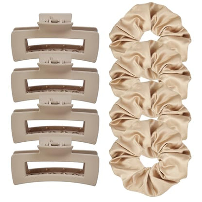 8Pack Hair Clips and Scrunchies Set - 4 Medium Claw Clips for Women, Non-Slip Matte Hair Claws, 4 Large Satin Scrunchies, Hair Accessories Set for Thick Thin Hair, Daily Use(Apricot) - color: Apricot