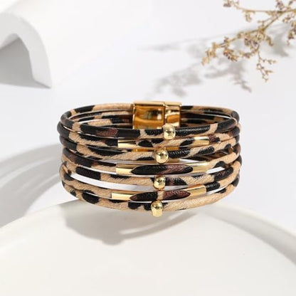 Colorful Leather Wrap Bracelets for Women Boho Handmade Multilayer Leopard Print Cuff Bangle Circle Charm Bracelets Bohemian Party Holiday Jewelry - color: Color 1