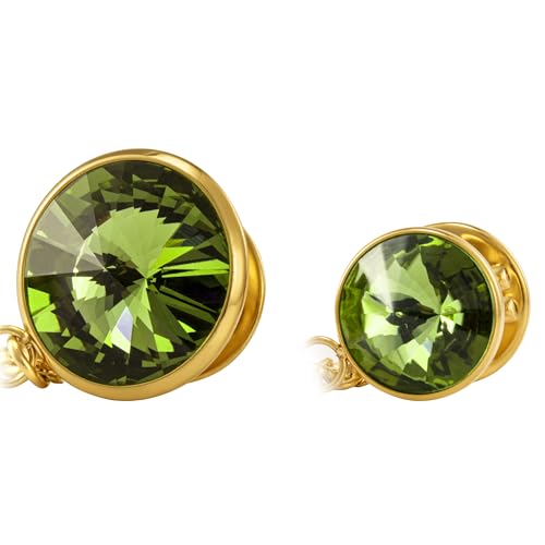 HAWSON Birthstone Brooch Pin for Men with Hanging Chain & Crystal, Mens Gold Tone Lapel Pin for Wedding/Birthday/Party Dress Suits Accessories - color: August Olive