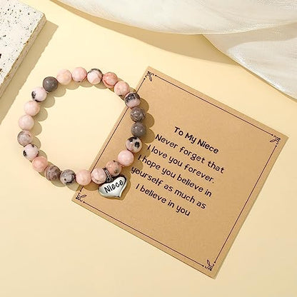 MIXJOY Inspirational Gifts for Women, Heart Charm Pink Elastic Beads Bracelet, Positive Affirmations Get Well Soon Gifts - style: niece charm to my niece never pink