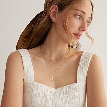 Gold Initial Necklace for Women 14K Gold Plated Figaro Chain Choker Layered Necklaces Set Bar Rectangle Pendant Necklaces Simple Dainty Letter Necklace Everyday Gold Jewelry - style: Letter J