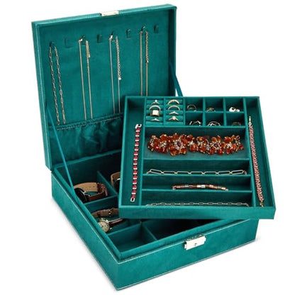 Juvale Velvet Jewelry Box Organizer - 10.5 x 10.5 x 3.5 in, Green - Lockable 2-Tier Travel Jewelry Case & Earring Storage - Removable Tray & Built-In Necklace Organizer - color: Green