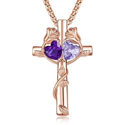 Rose Gold Cross Necklace with 2 Birthstones and Rose | Cross with Birthstone Necklace, Hypoallergenic, Adjustable Rolo Chain, Birthday Gifts, Catholic Christian Religious Jewelry - color: 02-06-Feb-Jun Birthstone
