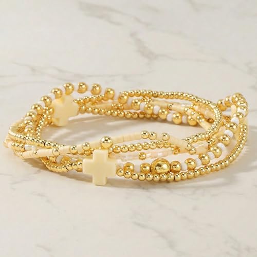 Gold Bracelets for Women, Beaded Cross Stack, Non Tarnish Set，Set-1 | Gold Beaded Bracelet Stack with Stretch Fit, Waterproof Finish and Dainty Design for Everyday Wear and Gifts - color: Colors-7