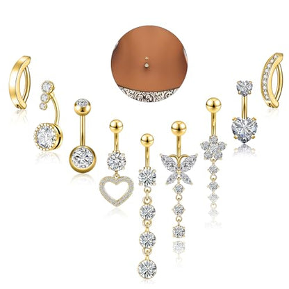 9PCS Belly Button Ring Dangle Stainless Steel Belly Rings 14G 1.6MM Belly Piercing Cute Navel Ring Piercing Jewelry Belly Ring for Women - color: 9PC Gold Set