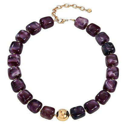 Colorful Statement Chunky Beaded Necklace for Women Large Square Resin Beads Y2K Trendy Bold Summer Vacation Boho Choker Jewelry - color: Purple