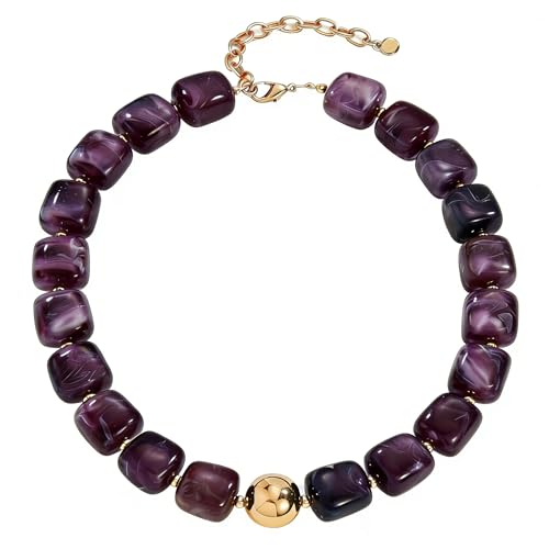 Colorful Statement Chunky Beaded Necklace for Women Trendy Y2K Boho Choker | Large Square Resin Beads Bold Summer Vacation Jewelry - color: Purple