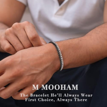 M MOOHAM Mens Bracelet, Black/Silver-Plated Chain Bracelets for Men | Stainless Steel Wheat Rope Figaro Cuban Link Chain Bracelet, Jewelry Gifts for Men, 7.3/8.5 Inch