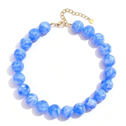 Chunky Necklaces for Women Trendy 20MM Large Resin Beaded Necklace Bold Statement Chunky Choker Necklace Boho Beads Summer Beach Jewelry - color: Sky Blue