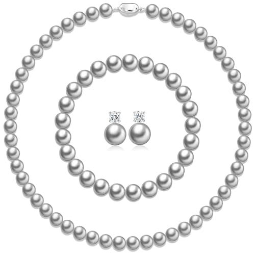 Pearl Necklaces for Women,8mm Pearl Necklace and Earring Bracelet Jewelry Set for Women Men Wedding Birthday Valentine Christmas Day Gifts - color: Grey