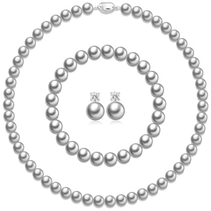 Pearl Necklaces for Women,8mm Pearl Necklace and Earring Bracelet Jewelry Set for Women Men Wedding Birthday Valentine Christmas Day Gifts - color: Grey