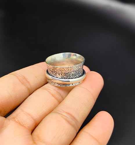 925 Sterling Silver Spinner Ring for Men & Women Engraved Floral Band Anxiety Relief Fidget Ring Meditation Ring Statement Jewelry Size 5 To 12