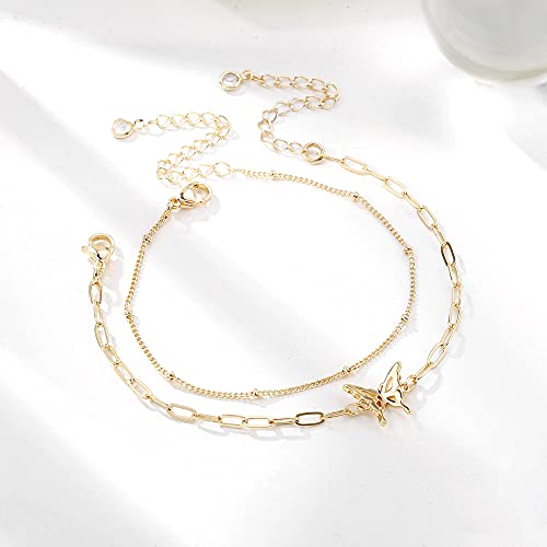 Dainty Gold Bracelets for Women, 14K Gold Plated Adjustable Layered Beads Bracelet Cute Evil Eye Oval Chain Pearl Bar Turtle Gold Bracelets for Women Jewelry - style: Beads Chain&Butterfly