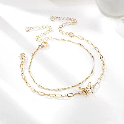 Dainty Gold Bracelets for Women, 14K Gold Plated Adjustable Layered Beads Bracelet Cute Evil Eye Oval Chain Pearl Bar Turtle Gold Bracelets for Women Jewelry - style: Beads Chain&Butterfly