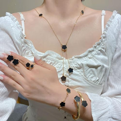 Fashionable Five Leaf Clover Jewelry 18K Gold Plated Bracelet Necklace Ring Studs Earrings Set for Women for Women - color: Black