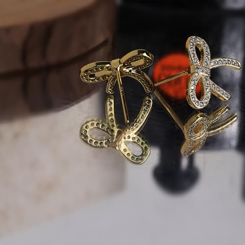 Jean Beau Chunky Gold Stud Earrings for Women Trendy Gold Plated Dangle Drop Prom Birthday Fashion Office Jewelry Gift - color: Gold CZ Bow