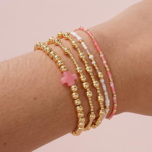 Colorful Gold Plated Stackable Ball Seed Beaded Bracelets Set For Women, Boho Handmade Romantic Stretch Accessories Jewelry, Daily Wear Holiday Party Friendship Gift - color: Pink Cross