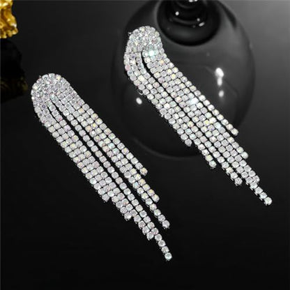 Rhinestone Tassel Earrings Sparkly Long Fringe Crystal Chandelier Dangle Drop Earrings Wedding Party Prom Earrings Premium Iridescent Earrings Wedding Party Jewelry Gifts for Women - color: Silver