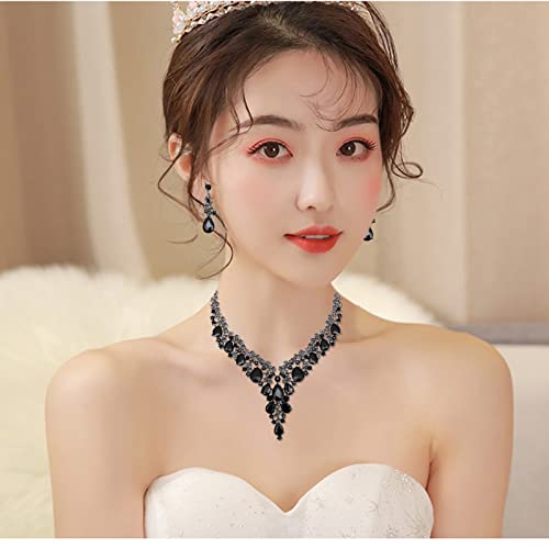 CSY Elegant Crystal Costume Jewelry Sets Flower Bridal Necklace Earrings Stretch Bangle Set for Bride Bridesmaid Wedding Dress Accessories - color: black