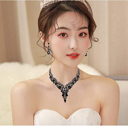CSY Elegant Crystal Costume Jewelry Sets Flower Bridal Necklace Earrings Stretch Bangle Set for Bride Bridesmaid Wedding Dress Accessories - color: black