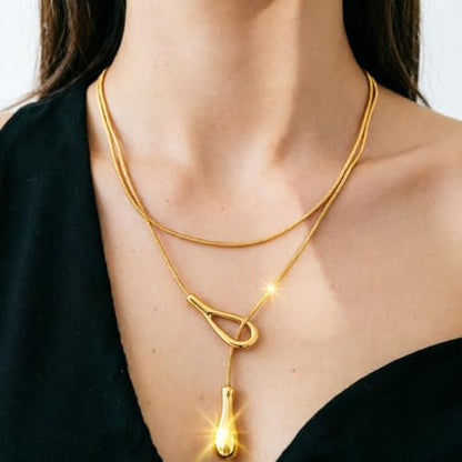 Y Shaped Water Drop Pendant Necklace for Women Adjustable Y Sliding Lariat Charm Necklace Fashion Stainless Steel Snake Chain Teardrop Jewelry Gift - color: Gold