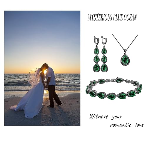 LMXXVJ Necklace Long Earrings Bracelet Set, White Gold Plated Created Blue Sapphire Jewelry Set Wedding Party Gift Jewelry for Women Bridal Bridesmaid - color: Black Gun-Green