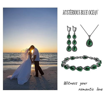 LMXXVJ Necklace Long Earrings Bracelet Set, White Gold Plated Created Blue Sapphire Jewelry Set Wedding Party Gift Jewelry for Women Bridal Bridesmaid - color: Black Gun-Green