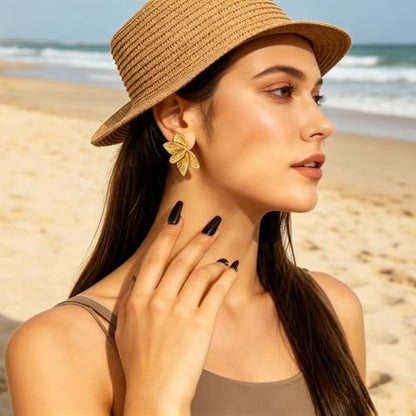 Gold Statement Earrings For Women, 14K Gold Plated Textured Geometric Drop Earrings - Hypoallergenic Stainless Steel Statement Earrings for Women, Waterproof Fan-Shaped Dangle Earrings for Beach & Daily Wear - color: Flower DKE252074GL