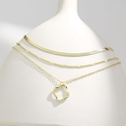 Evabelle Gold Layered Necklace for Women Trendy Jewelry 14K Real Gold Plated Chunky Chain Stackable Necklaces Dainty Choker Necklaces Rectangle Square Pendant - color: Gold Necklace 08-B
