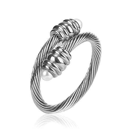 Cable Ring, a Cuff Pearl Ring Designed to Fit Finger Circumference Between 70mm-90mm - color: silver